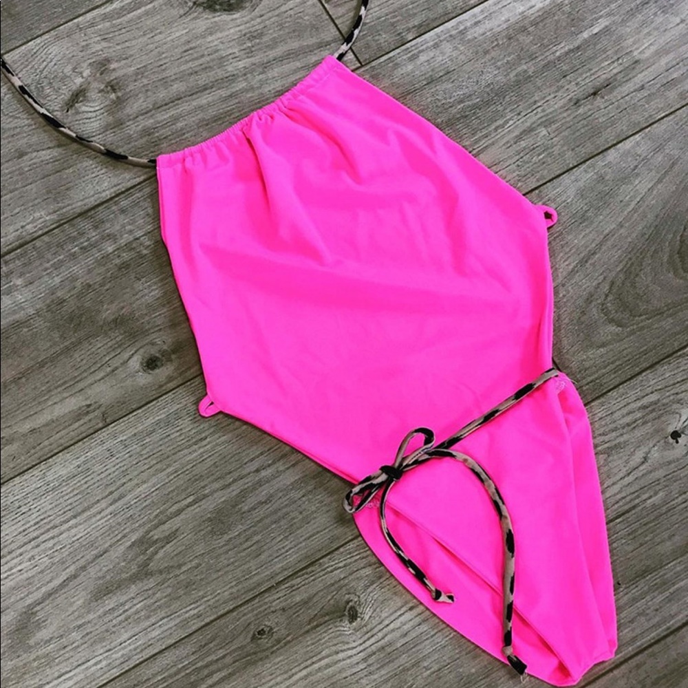 hot pink halter cheetah strap high leg cheeky one piece swimsuit July sale